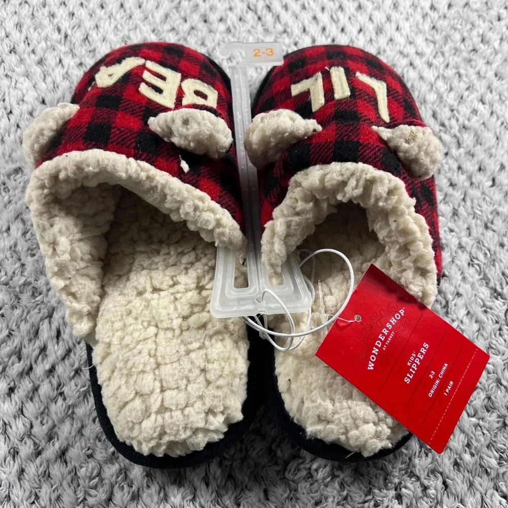 WonderShop Target Kids Lil Bear Buffalo Plaid Sherpa Lined Slippers Size 2-3 NWT